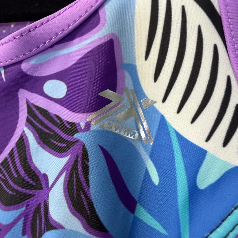 ZeroXposur‎ Girls Tropical Leaf One Piece Swimsuit Purple Blue Zip Front Sz L 14